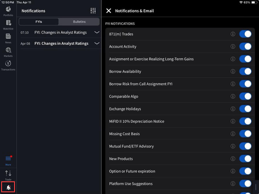 The notifications panel on the iPad